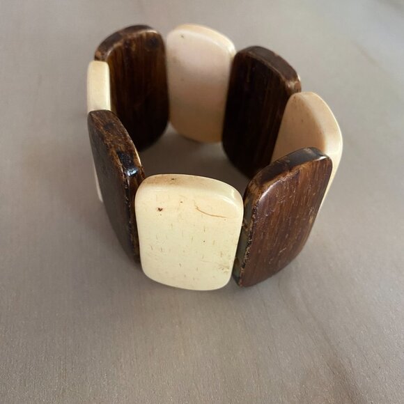Vintage Brown Cream Chunky Cow Bone Panel Stretch Bracelet Boho Earthy Tribal - Picture 2 of 10